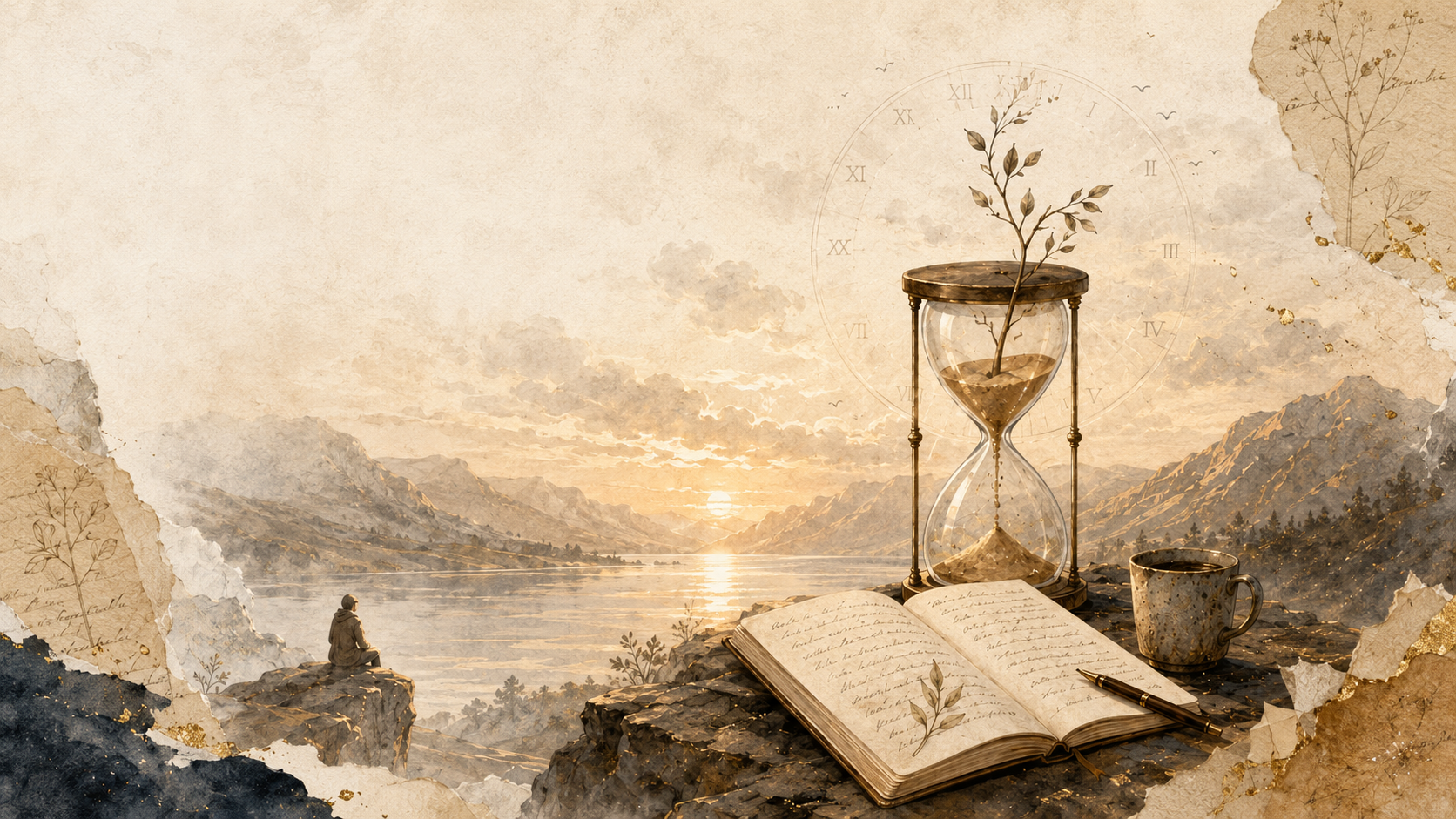 Atmospheric Timeborns hero illustration with hourglass, journal, and botanical elements